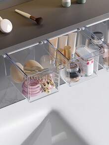 1个抽屉收纳盒，透明浴室棉签和棉垫收纳盒，拉出式浴室柜收纳盒