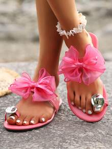Elegante Damen-Sandalen mit Pfaublau & Mehrfarbigem Satin-Schleifen-Design, flache T-Riemen-Zehentrenner-Slides mit silberner metallischer Zehenring-Dekoration, offene Zehenpartie, lässige Sommer-Strand-Urlaubsschuhe - Rosenrot - Übersicht 8