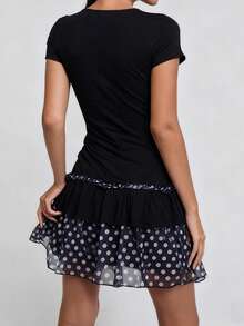 Women Dot Print Summer Dress Slim Deep V Neck Short Sleeve A-Line Mini Layered Ruffle Dresses - Blue - View 5