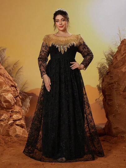 Anpoket Neuankömmling Rundhals Abendkleid Hochwertig Große Größen Stickerei Perlen Kragen Blumen Langes Kleid