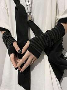 1pair Japanese Style Ins Harajuku Striped Dark Jk Fingerless Gloves, Sun Protection Arm Sleeves For Students, Cold Gloves - Màu Xám nhạt - Xem 4