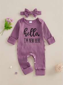 Newborn Baby Girls Rompers Knit Round Neck Long Sleeve Infant Fall Jumpsuits With Headband Coming Home Outfit - 紫色 - 查看 1