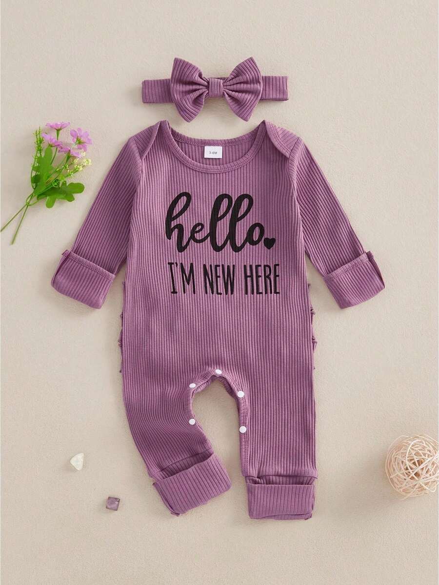 Newborn Baby Girls Rompers Knit Round Neck Long Sleeve Infant Fall Jumpsuits With Headband Coming Home Outfit - 紫色 - 查看 1