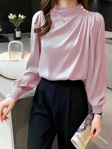 女士休闲通勤立领褶皱泡泡袖长袖衬衫，春秋季 - 藕粉色 - 查看 5