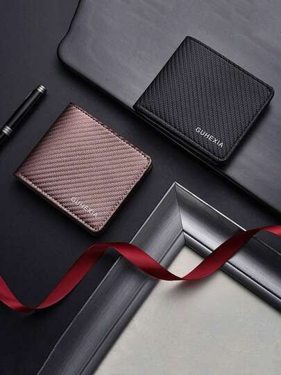 1pc Men's Business Wallet, Short Style Carbon Fiber Minimalist Wallet Card Holder All-In-One Multifunctional Billfold