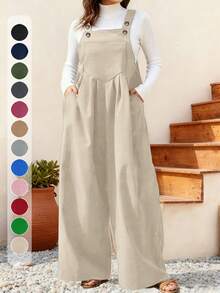 Plus Size Women's Pleated Wide Leg Casual Solid Color Bib Pants, Autumn/Winter - Apricot - View 5