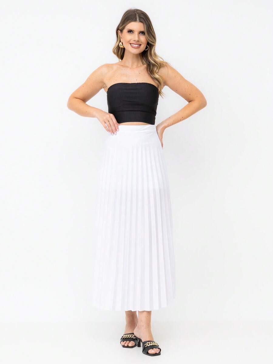 Long Pleated Skirt, Plain, Fashion 2025 - 白色 - 查看 1