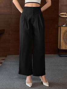 Women's Commuter Solid Color Single-Breasted High-Waisted Slant Pocket Straight Leg Suit Pants Black Spring - Black - View 5