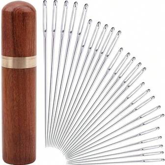 25-delars set med Big Eye-handsynålar - korsstygns-, läder- och broderinålar, med nålfack i rosenträ för praktisk förvaring
