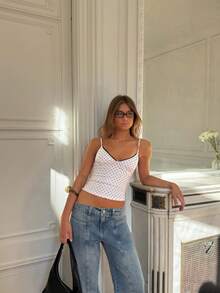 Women Polka Dot Crop Tank Top Y2K Lace Trim Spaghetti Strap Camisole Dot Print V Neck Ruched Camisole - trắng - Xem 8