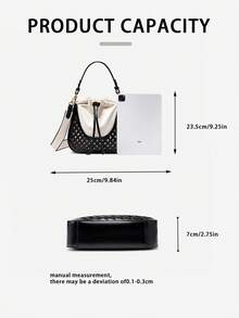 Fashionable Autumn/Winter Hollow Out One Shoulder Crossbody Bag, Vintage Versatile Travel Contrast Color Large Capacity Canvas Tote - Black - View 3