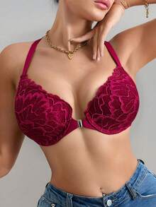 女士文胸，薄款加厚罩杯，钢圈支撑，前扣式设计，精美蕾丝后背图案 - 紅色 - 查看 3