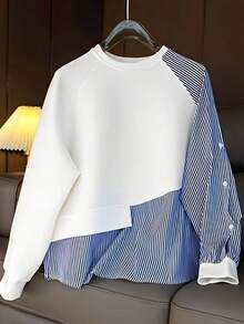 1 pieza Blusa casual con botones de mujer talla grande a rayas, de parches y contraste de color acanalado, para primavera/otoño - Blanco - Ver 8