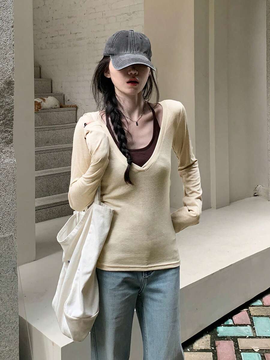 Women's V-Neck Sleeveless Casual Loose Fit Long Sleeve T-Shirt, Versatile Layering Top, Korean Style, Autumn - Apricot - View 1