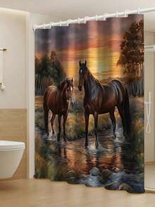 Juego de 1/4 piezas de cortina de ducha con patrón creativo de caballo bebiendo agua al atardecer, que incluye alfombra antideslizante, tapete de inodoro, alfombra de baño, cortina de ducha opaca y 12 ganchos resistentes, decoración y accesorios de baño de alta calidad, adecuados para todos los estilos de decoración del hogar - Multicolor - Ver 16
