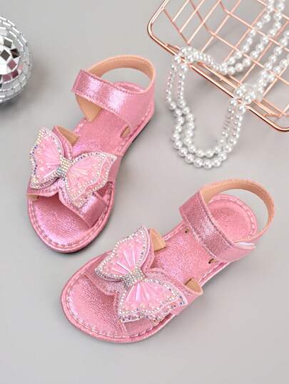 New Girls Princess Style Sandals, Pink Butterfly Rhinestone Decor, Soft Non-Slip Breathable, Hook And Loop Closure Mid-Large Kids Shoes, Flat Cute Sandals Suitable For Summer