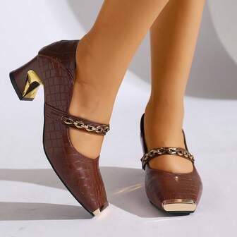 Women's Square Toe Thick Heel Crocodile Embossed Red High Heel Slip-On Loafers, Convenient Slip-On, Suitable For All Seasons, Party And Evening Wear