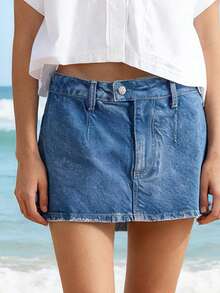 Women Low Rise Denim Skirt  Solid A-Line Mini Jean Skirts For Daily Office Party - Blue - View 2