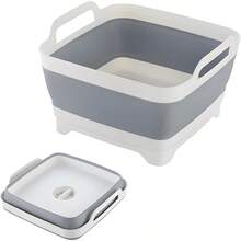 Collapsible Dish Basin With Drain Plug 9L 2.4 Gallon Portable Wash Basin Dishpan Space Saving Dish Washing Tub Foldable Sink Tub Kitchen Storage Tray Grey - 灰色的 - 查看 1