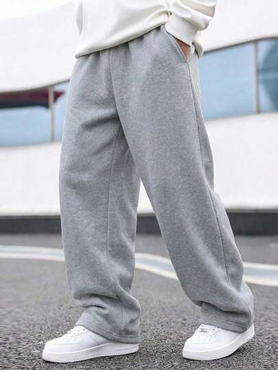 1pc Tween Boys Plain Relaxed Fit Thermal Lined Straight Leg Pants, Suitable For Outdoor Sports, Warm For Spring, Autumn & Winter