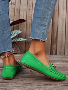 Women's Spring New Chain Loafers, Soft Leather Penny Loafers Slip-On Flat Shoes - Green - View 6