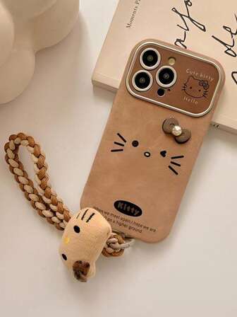 Sanrio 1pc Cute Cartoon Hello Kitty Expression Brown Retro Leather Phone Case With Doll Lanyard, Suitable For IPhone17/IPhone17 ProMax/IPhone16 Pro Max/IPhone15 Pro/IPhone14/IPhone13/12/11, Suitable As Christmas Gift For Family/Friends/Sisters/Girlfriend