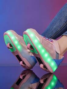 Giày trượt patin đèn LED nhiều màu, thiết kế bánh xe đôi 2 trong 1 có móc và vòng, thích hợp cho trượt patin, trượt ván, đi học, sạc USB, giày thể thao thường ngày cho bé trai và bé gái - Hồng - Xem 3