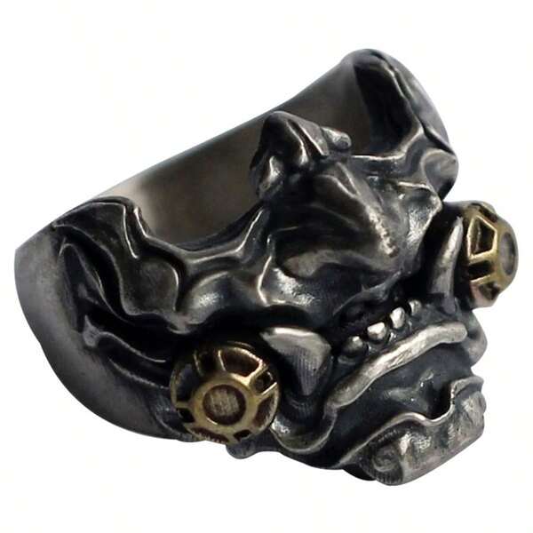 Cyberpunk Samurai Mask Design Mechanical Futuristic Ring, Japanese Streetwear Style