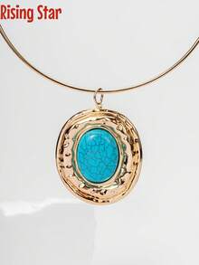 复古椭圆形吊坠项链套装，饰以绿松石纹理，展现欧美复古优雅风格，包含1对耳环和1条项链——精致的波西米亚风首饰套装，复古雕刻，镶嵌闪亮宝石，是日常穿搭和派对配饰的完美之选。 - 綠松石耳環項圈套裝 - 查看 7