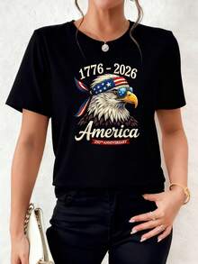 Black T-Shirt With Patriotic Eagle 1776-2026 America 250th Anniversary American Style Bandana And Sunglasses National Bird Design For Men And Women - 黑色 - 查看 2