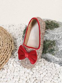 1 Pair Girls' Red Bow Decor Slip-On Flat Princess Shoes, Suitable For All Seasons - Red - View 6