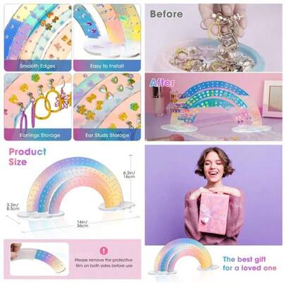- Organizador de aretes de acrlico iridiscente de 3 niveles, diseo ligero y duradero, 140 agujeros para 70 pares, frontal nica para arete especiales, 11.8 pulgadas de anchox 6.2