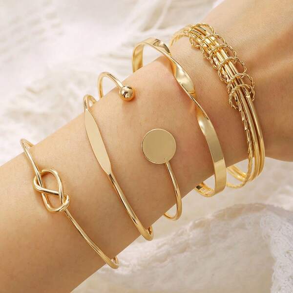 5개/세트 패셔너블한 케이블 니트 팔찌 세트, 그녀를 위한 다용도 레이어드 액세서리 선물