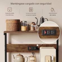 Estante de cocina con toma de corriente de 4 niveles, soporte de microondas de cocina con 6 ganchos en forma de S, estante de almacenamiento para especias, ollas y sartenes, marrón rústico - 1 - Ver 4