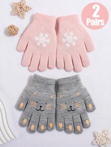 2 Pairs Kids Snowflake + Cat Face Printed Knitted Fingerless Gloves Set, Suitable For Daily Warmth And Cold Protection In Winter - Multicolor - View 7