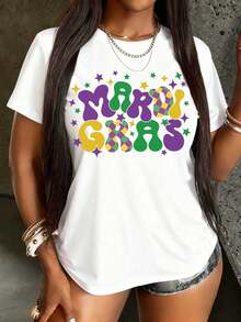 Women's Carnival Carnival T-Shirt WithMardi Gras Colorful Text And Stars Print Short Sleeve T-Shirt Casual Crew Neck Cotton Top,Casual Crew Neck Short Sleeve T-Shirts,Women'S Holiday Carnival Party Apparel - trắng - Xem 6