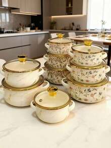 3pcs Thickened Enamel Coated Cookware Set, Includes Dual-Handled Pot With Lid, Stew Pot, Soup Pot, Noodle Pot, Mini Hot Pot, Suitable For Cooking Porridge, Milk, Stewing, Gas Stove And Induction Cooktop