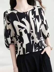 1件女士时尚优雅休闲简约中袖圆领印花衬衫，适合日常穿着和度假，春/夏/秋季 - 花色 - 查看 4