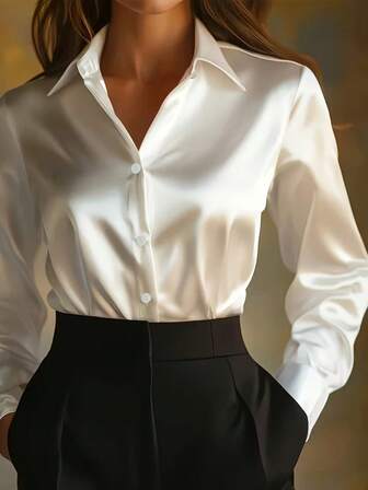 Elegant långärmad damskjorta - Ogenomskinlig blus med knappar, satintyg, maskintvättbar, lämplig för kontor och formella tillfällen - Klassisk vit, icke-transparent, året runt-kläder, yrkeskläder, affärer, möten, vardagskläder, mångsidig klädsel, raffinerad stil, mötesklädsel, trendig topp, slät textur