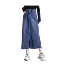 Jeans de cintura alta, faldas largas acampanadas para mujer, con abertura y agujeros de borlas, faldas, Azul, XXL - inicial - Ver 1