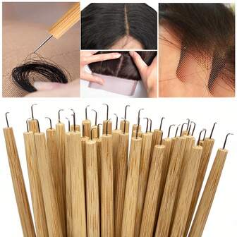 4pcs Wig Ventilation Needles, Crochet Hooks, Wig Sewing Hooks, Wooden Handle Wig Ventilation Hooks, For Making Lace Wigs, Fake Beards, Knitting And Repair