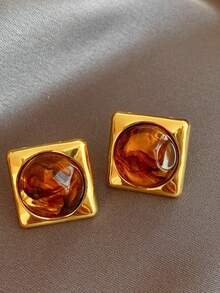 1 Pair Brown Square Stud Earrings, Merrald Design Creative Fashion Earrings, Recommended For Daily Wear With Dresses, Sweaters, Etc. (OPP Bag Packaging) - Yellow Gold - View 3