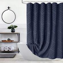 Cortina de ducha de tela azul marino diseño bohemio con diseño de cheuron a rayas texturizadas para baño granja estilo shabby chic impermeable con gancho sin arrugas - Azul Marino - Ver 1