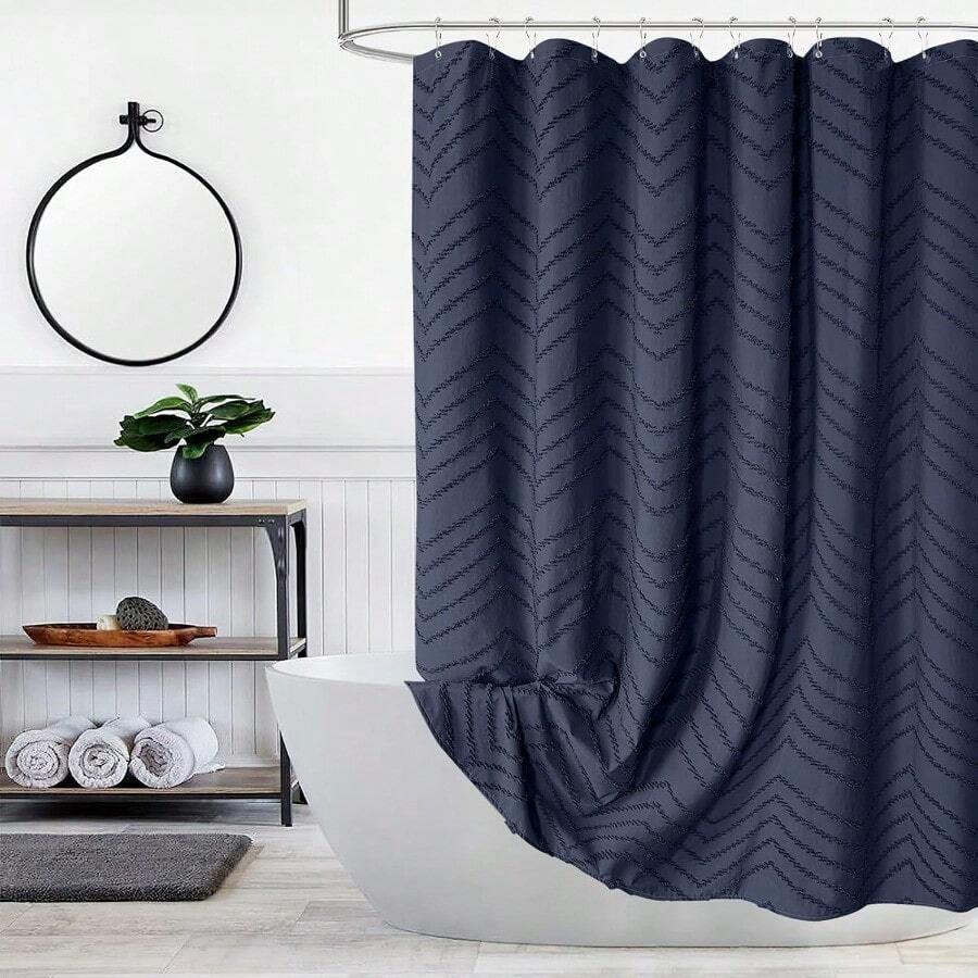 Cortina de ducha de tela azul marino diseño bohemio con diseño de cheuron a rayas texturizadas para baño granja estilo shabby chic impermeable con gancho sin arrugas - Azul Marino - Ver 1