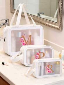 1个花卉字母A-Z旅行化妆包，大容量PU化妆包，护肤品和洗漱用品收纳袋，口红和化妆品收纳袋，防水家用医疗包，便携高端旅行包，简约优雅双色多隔层收纳包，适合女性、学生、旅行者，可作为礼物送给朋友、同学、老师、母亲、姐妹，生日、节日礼物 - 白色 - 查看 5