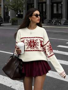 Women's Fashion Christmas Fair Isle Sweater, Reindeer & Snowflake Print Long Sleeve Ribbed Knit Pullover, Holiday & Everyday Wear For Ladies In Winter