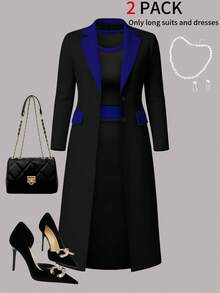 Women's Spring/Autumn New Elegant 2-Piece Set: Contrast Color Long Sleeve Cardigan Jacket + Sleeveless Fitted Mid-Length Dress Black - Black - View 4