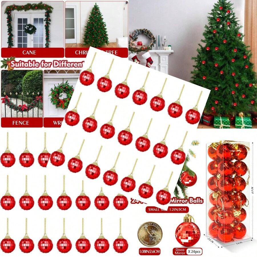 24 Pcs Christmas Disco Balls Mini Mirror Ball Hanging Decorations Small Plastic Ornament For Indoor Outdoor Party Christmas Tree Holiday Wedding 3CM/1.18'' Red - 紅色 - 查看 1