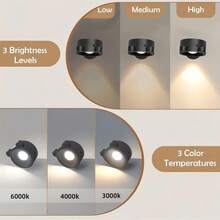 NBBUFF 1/2/4 Peças Luzes de Parede LED, Base Magnética: Rotação de 360°, Temperatura de Cor Ajustável, Botão e Controle Remoto, Função de Temporizador, Carregamento USB, Adequado para Sala de Estar, Quarto, Corredor, Criado-Mudo, Cozinha, Escritório e Área de Leitura - Preto - Visão 6