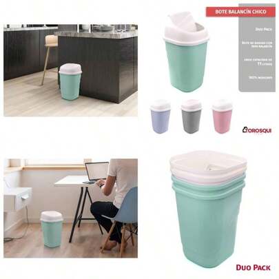 Bote de Basura con Tapa Balancn 2 Pack u2013 Basureros Pequeos de Plstico Resistente, Diseo Compacto y Prctico para Cocina, Oficina o Bao, Hecho en Mxico Verde Pastel